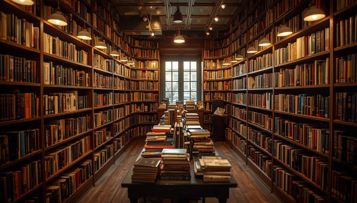 A cosy independent bookshop interior, warm lamps