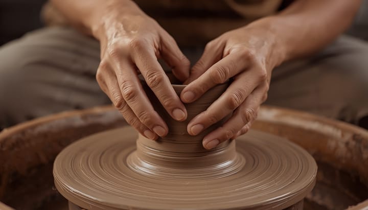 A potter shaping clay on a wheel in a studio