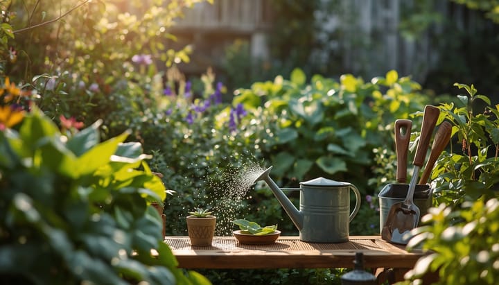 A lush home garden in soft morning light