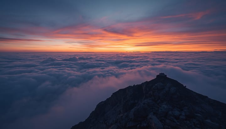 A mountain refuge above a sea of clouds at sunrise